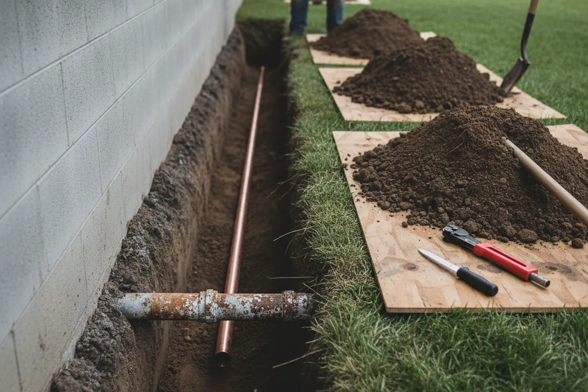 Excavated water line trench during Water Heater Repair in Goldvein